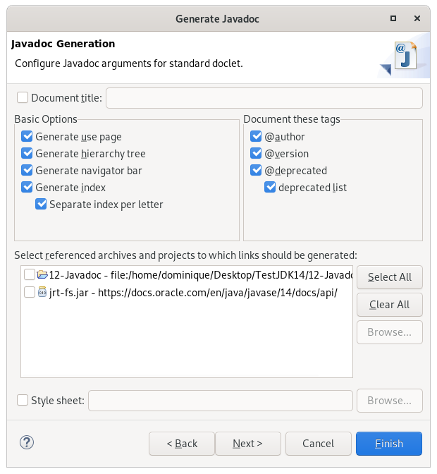 Configuration du lancement de Javadoc via Eclipse.