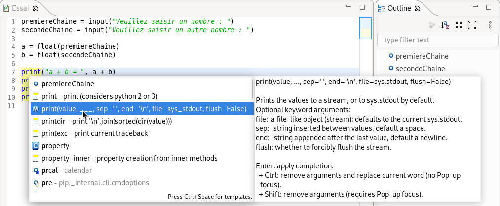 Exemple d'utilisation de la compltion de code avec PyDev.