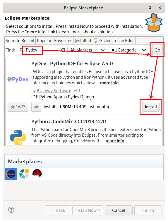 L'assistant d'installation de plugins  partir du Marketplace Eclipse.