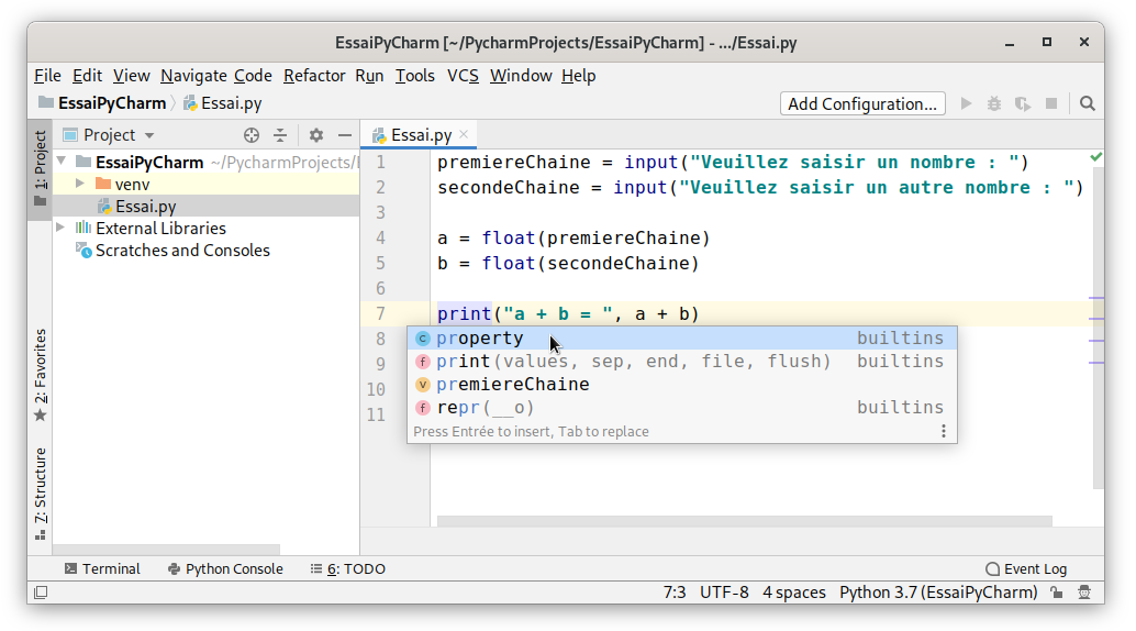 Exemple d'utilisation de la compltion de code avec PyCharm.